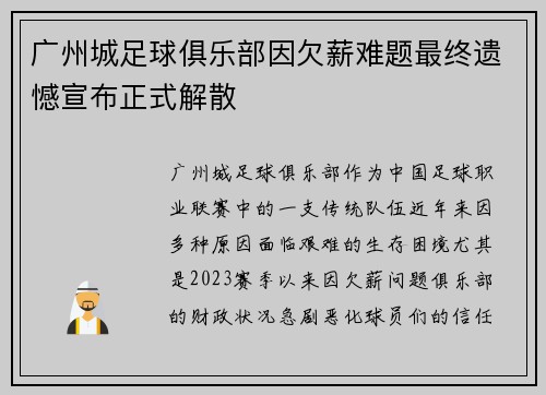 广州城足球俱乐部因欠薪难题最终遗憾宣布正式解散