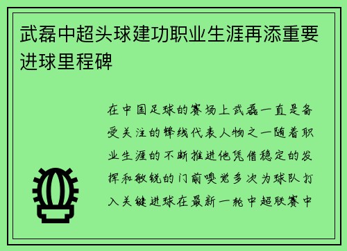 武磊中超头球建功职业生涯再添重要进球里程碑 武磊中超头球建功职业生涯再添重要进球里程碑