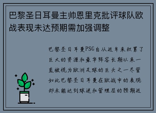 巴黎圣日耳曼主帅恩里克批评球队欧战表现未达预期需加强调整
